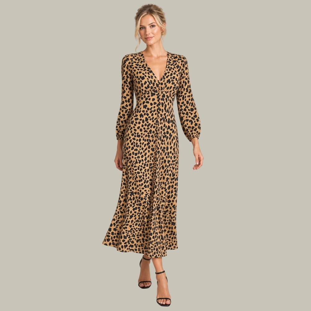 RIXO Katie 100% Silk Leopard Print Midi Dress Button Front